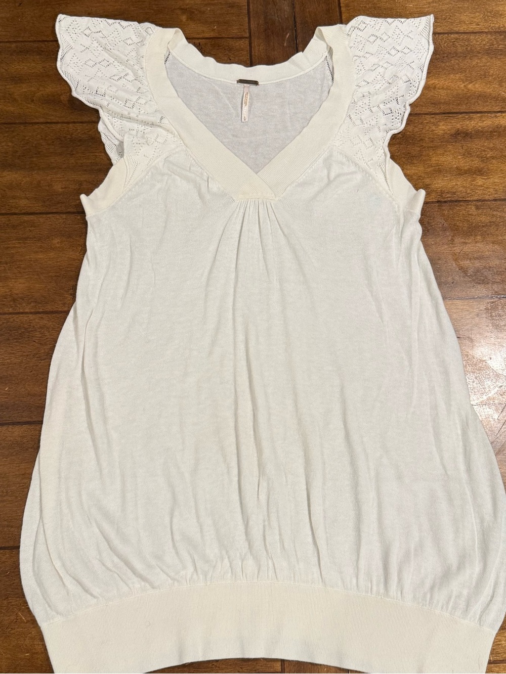 Free People Cream Knit Flutter Sleeve V-Neck Top